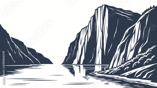 Cuadro en lienzo Minimalist of a deep river canyon between steep dark mountain cliffs, dramatic l