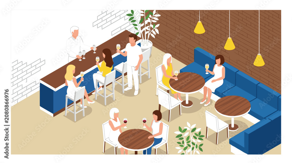 Fototapeta premium Isometric restaurant lounge interior with people drinking wine at tables and bar counter vector illustration