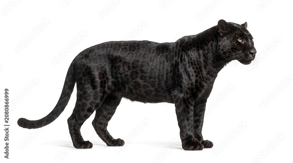 Fototapeta premium Full body side view of a majestic black panther standing isolated on white background.