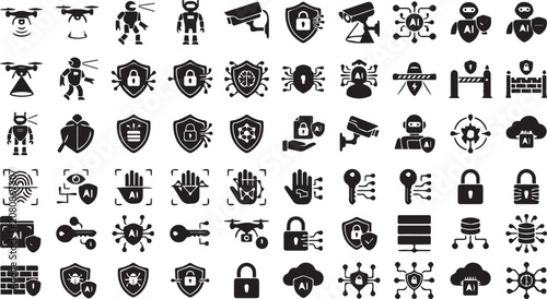 Set of 70 Black Security and Technology Icons Vector