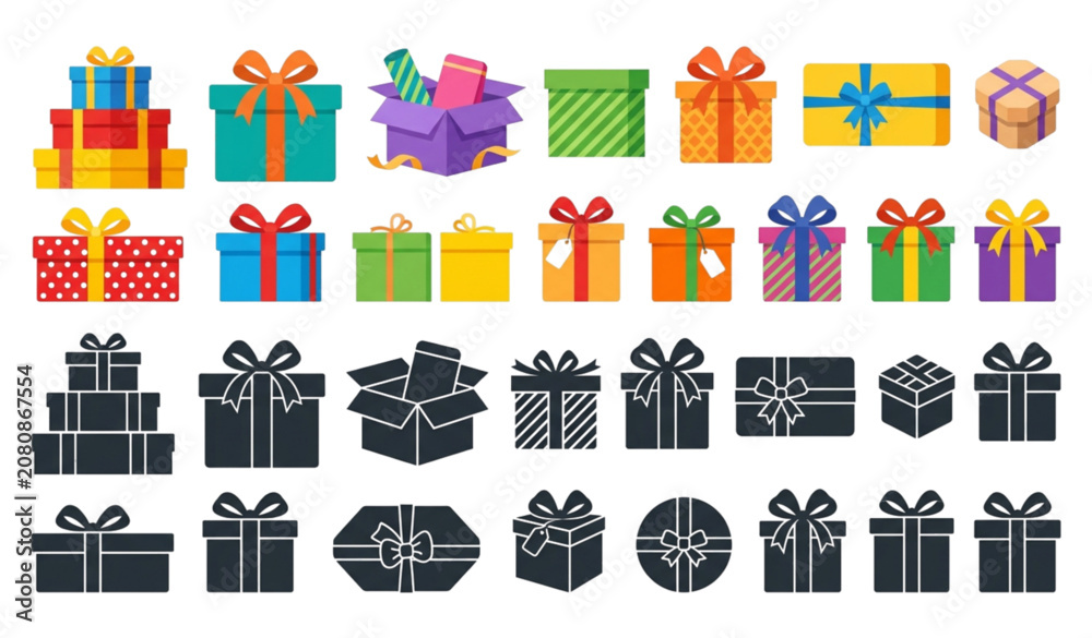 Fototapeta premium Flat and Silhouette Gift Box Collection Colorful Present Vector Set