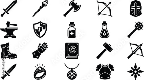 Photos Fantasy RPG Weapon and Armor Icon Set with Medieval Combat Gear, Magical Potions