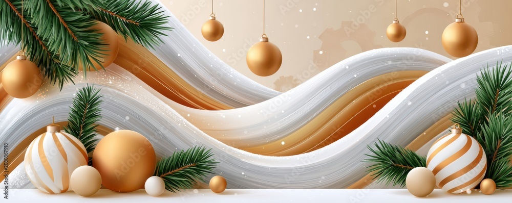Fototapeta premium Elegant gold and white Christmas holiday header with abstract metallic waves and ornaments