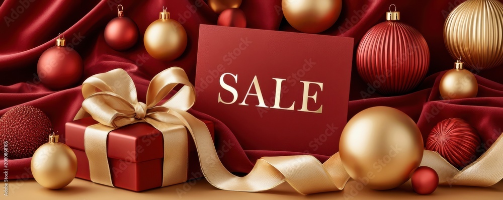 Fototapeta premium Luxury holiday sale scene with red gift box, gold ribbon and Christmas ornaments on silk
