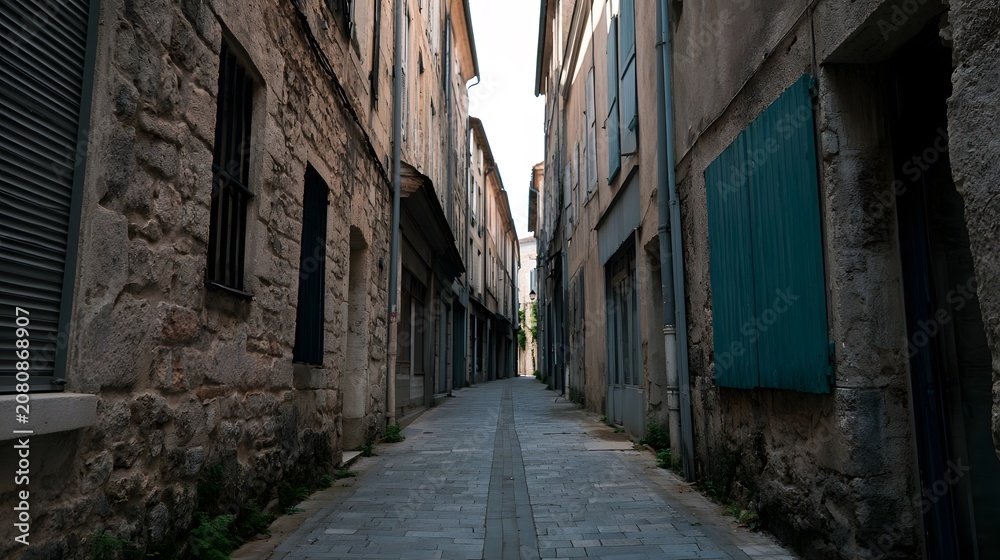Fototapeta premium A quiet view of an ancient European city street featuring aged stone architecture and quaint wooden shopfronts
