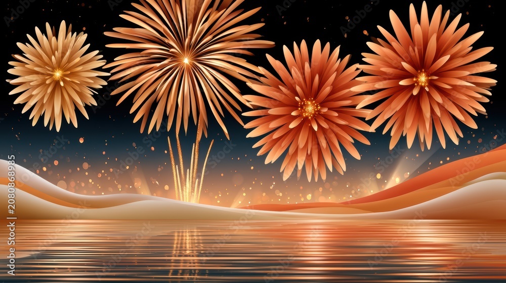 Fototapeta premium Luxurious golden New Year fireworks over reflective water with festive abstract floral bursts and glowing hills