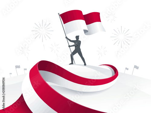 Fotografía Indonesia Independence Day Illustration with Silhouette Holding Flag and Waving