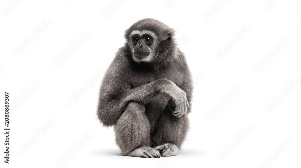 Fototapeta premium A contemplative gibbon sitting against a white background.