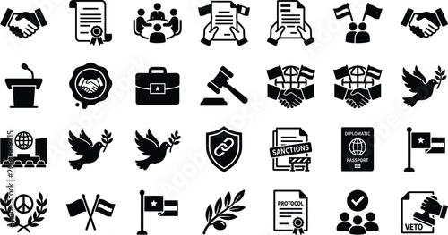 Fotografie International Relations and Diplomacy Icon Set with Government Policy, Peace Tre