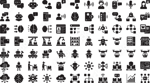 Set of 100 AI and Robotics Technology Vector Icons
