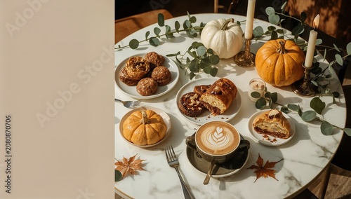 Table Set With Food and Drinks in a Cafe During Autumn Season