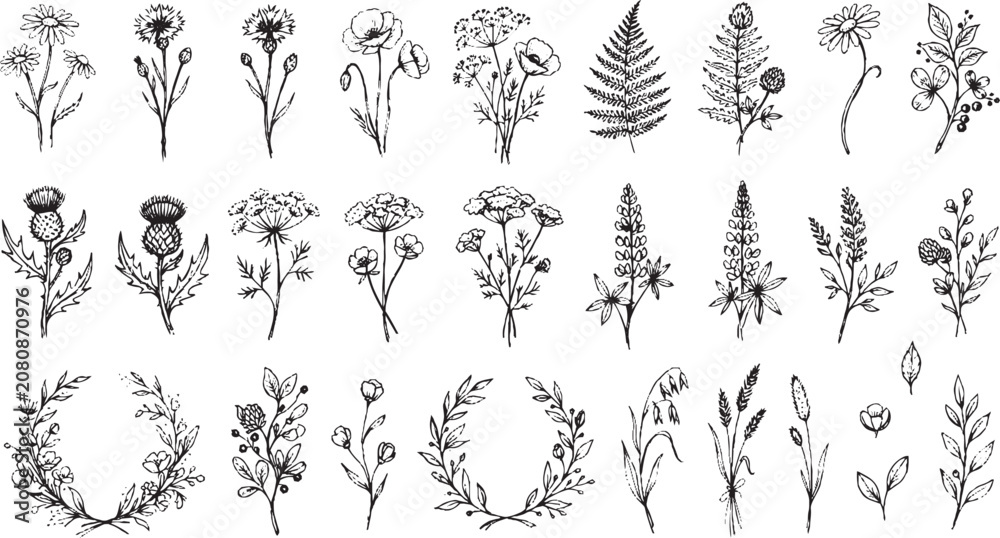 Fototapeta premium Hand drawn botanical set of wildflowers herbs ferns and decorative wreaths in black ink style isolated on white for wedding stationery and natural branding