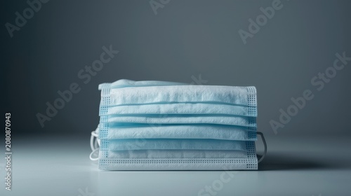 Stack of blue disposable medical face masks on gray background for health protection