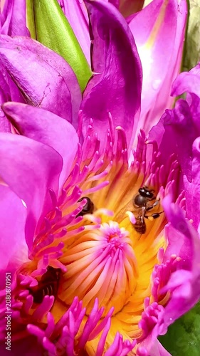Macro close-up of honey bees collecting pollen inside a vibrant pink water lily blossom. Colorful aquatic flower with active pollinators in natural daylight.