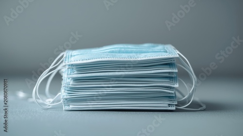 Stack of blue surgical face masks with white straps arranged neatly on a gray surface for health protection