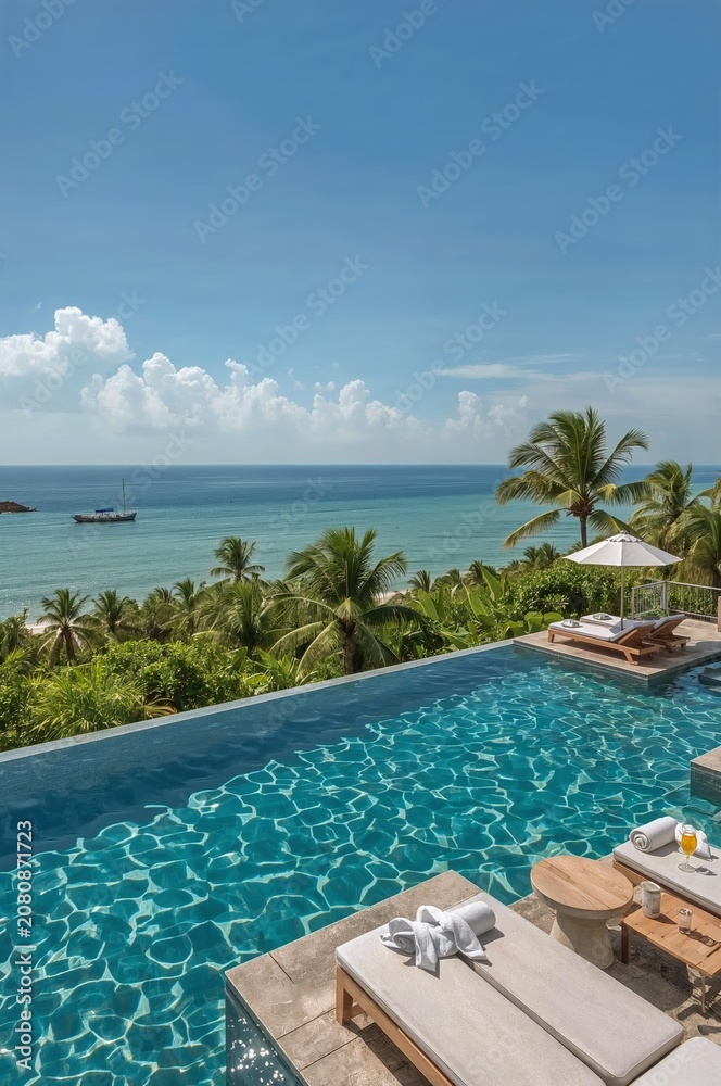 Fototapeta premium Luxury Villa Features an Infinity Pool Overlooking the Ocean and Palm Trees on a Sunny Day