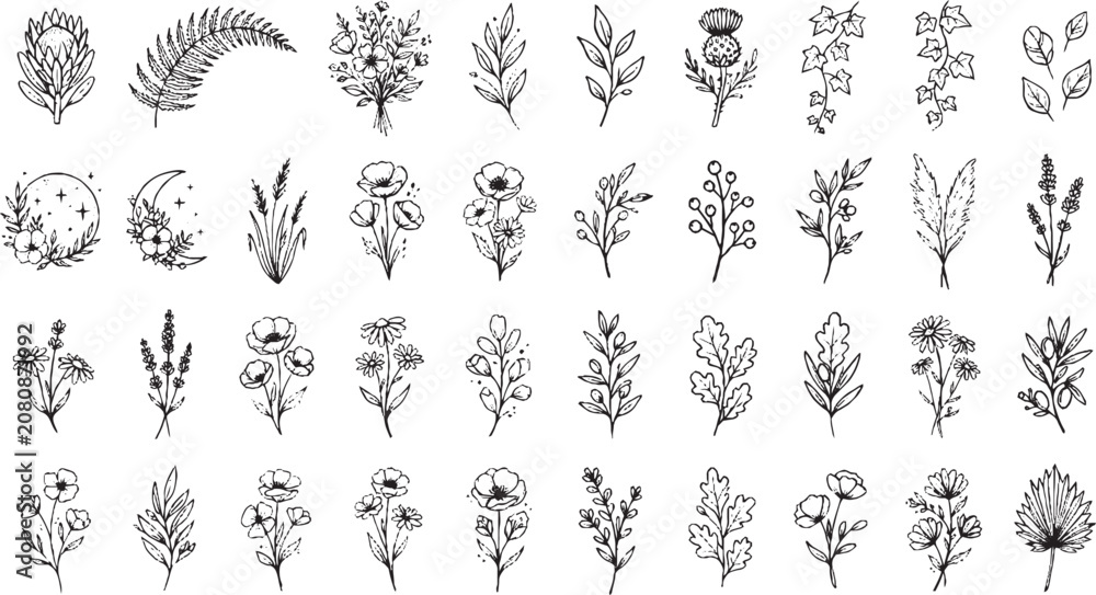 Fototapeta premium Elegant botanical illustration pack featuring diverse flower arrangements and decorative ivy sprigs in a sophisticated hand-drawn ink style for modern creative design projects