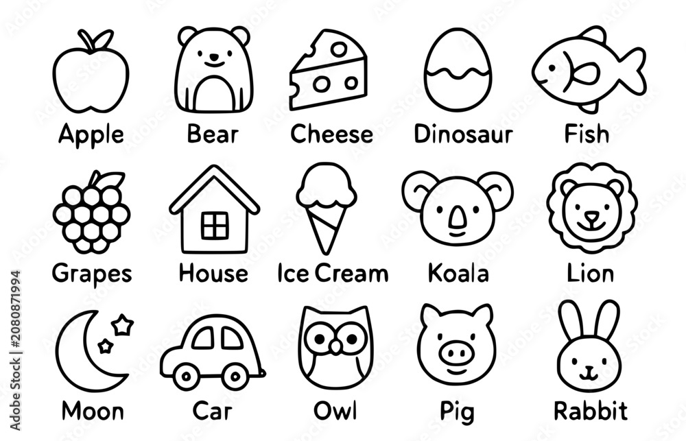 Obraz premium Cute Alphabet Animals and Objects Line Icon Set for Kids. Vector Outline Icons for Early Childhood Education, ABC Learning, Flashcards, and Nursery School Activities