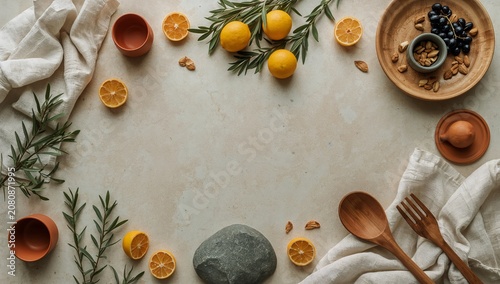 Lemons and Nuts Are Arranged on a Table With Herbs and Kitchen Tools in a Sim...