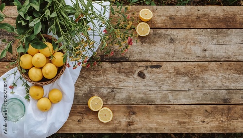 Fresh Lemons and Herbs on Wooden Table in a Garden Setting Surrounded by Gree...