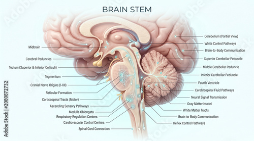 Detailed illustration of the brain stem with labeled structures and pathways for educational purposes in anatomy and neuroscience
