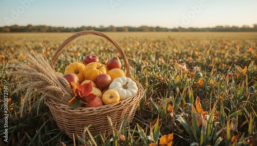 Harvest Basket Contains Fruits and Grains in a Field During Sunset