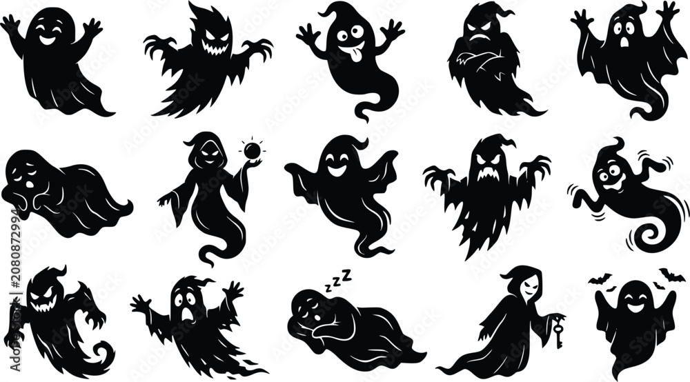 Fototapeta premium Halloween ghost characters in various poses and emotions on white background