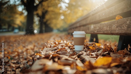 Coffee Cup on a Wooden Bench Surrounded by Autumn Leaves in a Park During the...