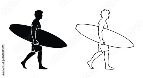 Photography Surfer carrying a surfboard depicted as a black silhouette and a white line draw