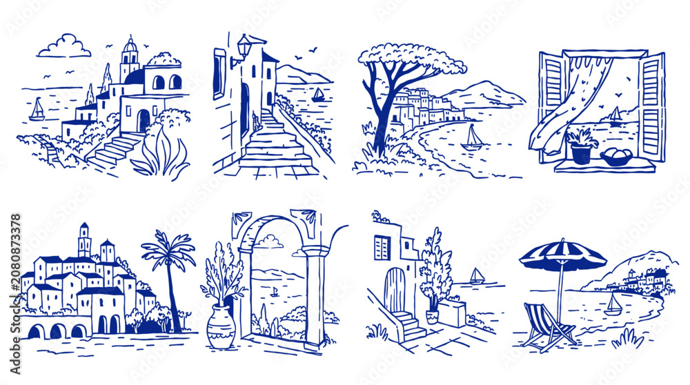 Fototapeta premium Set of 8 hand-drawn Mediterranean coastal town sketches with sea views and village architecture, blue ink line art for travel branding and apparel.
