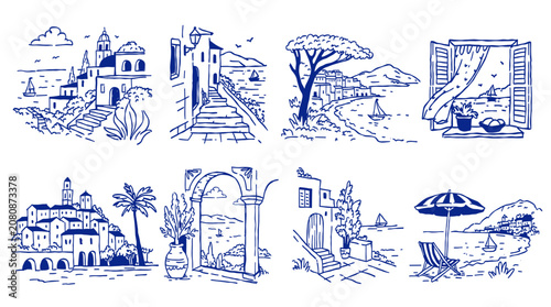 Vászonkép Set of 8 hand-drawn Mediterranean coastal town sketches with sea views and village architecture, blue ink line art for travel branding and apparel