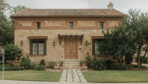 Historic Stone House With a Tiled Roof and Lush Garden in a Neighborhood
