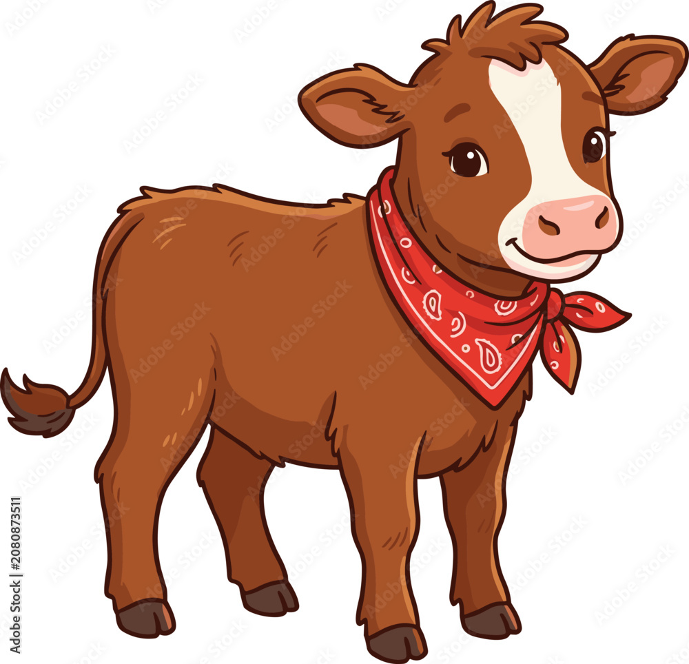 Obraz premium Cute Brown Baby Calf Cow Character Wearing Red Bandana Scarf Vector Illustration Isolated on White Background for Kids Farm Animal Prints and Nursery Mascot Designs