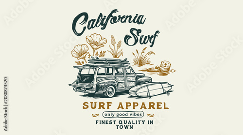 Photography Vintage coastal California surf woody wagon with surfboards and sea otter, retro