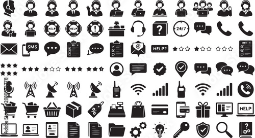 Set of 100 Black Customer Service and Communication Vector Icons isolated PNG with Transparent Background