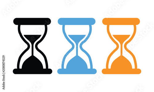 Set of three hourglass icons in black, blue and orange colors, flat vector illustration of time measurement tools vector illustration