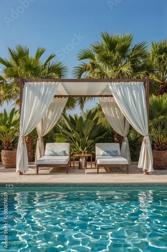 Lounge Area by the Pool With Sunbeds and Palm Trees During Daytime