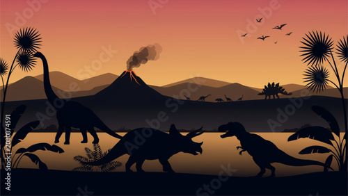 Silhouette dinosaurs walking in a sunset landscape with mountains and trees Vector