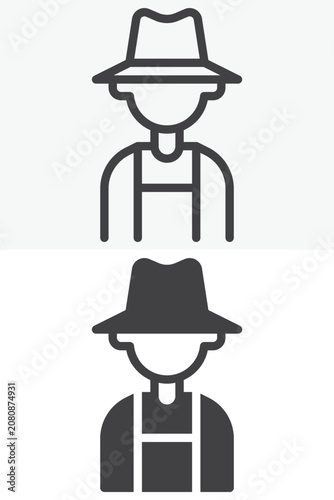 Farmer man avatar line outline and solid icon set with hat and overalls sign symbol. Editable stroke vector icon for agriculture worker profile, farm user, and character.