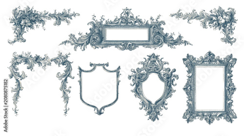 Borders showcasing intricate scrollwork and architectural flourishes create a versatile framework for digital projects that demand a high level of historical detail and artistic visual complexity.