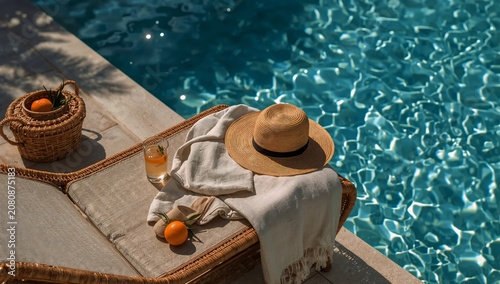 Sunshine Near Pool With a Hat, Drink, and Fruit at a Relaxing Location During...