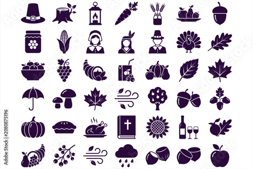 Autumn and Thanksgiving icons set with pumpkins, leaves, and harvest elements in purple color on white background