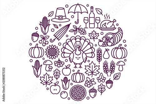 Thanksgiving holiday illustration featuring turkey, pumpkins, autumn leaves, and festive elements in a circular composition