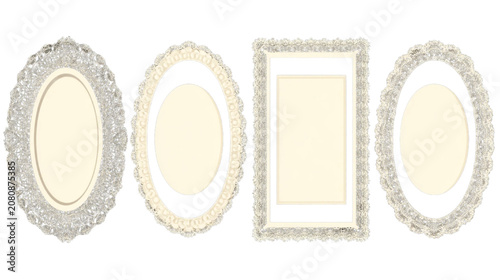 Frames exhibiting traditional oval and rectangular profiles with light-colored borders are displayed as a group to offer multiple options for framing artwork or text within a professional layout.