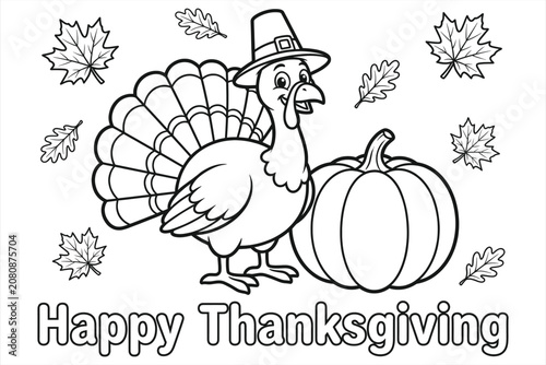 Happy Thanksgiving holiday celebration with cartoon turkey and pumpkin surrounded by autumn leaves in black and white line art