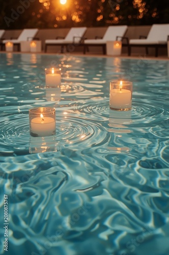 Candles Float on Water in a Pool During Sunset With Blurred Lounge Chairs in ...