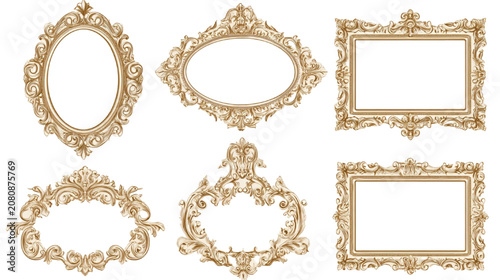 Frames featuring ornate gold borders and intricate carvings are arranged in a collection to provide a diverse selection of decorative display options for various artistic projects and elegant designs.