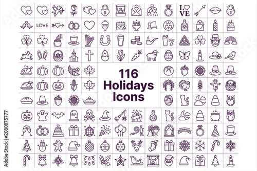 116 holiday icons set including Christmas, Halloween, Thanksgiving, and Valentine's Day symbols in clean line art style