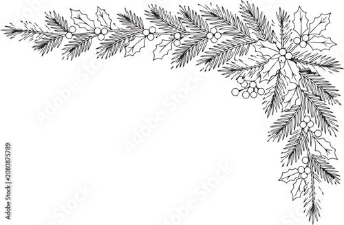 Christmas border decoration with pine branches and holly in top left corner.