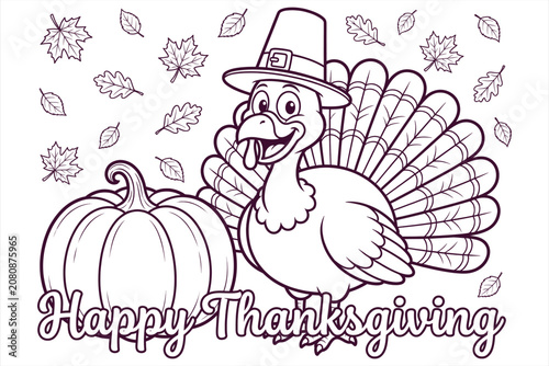 Happy Thanksgiving holiday illustration with cartoon turkey, pumpkin, and autumn leaves in playful style for festive greeting cards